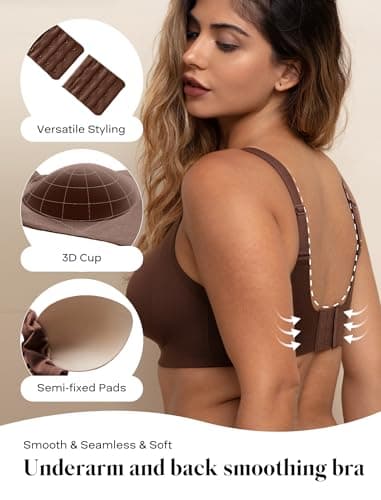 COMFELIE Women Wireless Minimizer Bra Full Coverage Supportive Fit Adjustable Straps Back Smoothing Dark Brown 2XL - Thumbnail 4