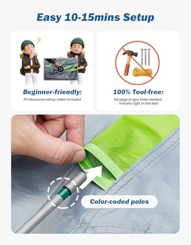 JOYTUTUS Pickup Truck Tent 2.0, Waterproof PU2000mm Double Layer for 2 Person, Portable Truck Bed Tent with Rainfly, 5.5'-5.8' Camping Preferred - Green - Thumbnail 6
