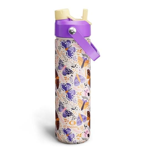 ENCOOL Insulated Water Bottle with Straw Stainless Steel Water Bottle, Leak-Proof, BPA-Free, Double Wall Vacuum Keeps Cold for 24 Hours for Sports, Travel, School (26 oz, Lavender Butterfly)