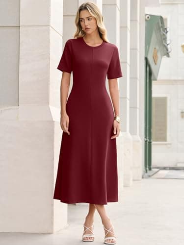 ANRABESS Womens Summer Maxi Dresses Casual Short Sleeve Elegant Classy Vintage 2026 Spring Flowy Cocktail Dress 80s Outfit Dark Red Large - Thumbnail 3