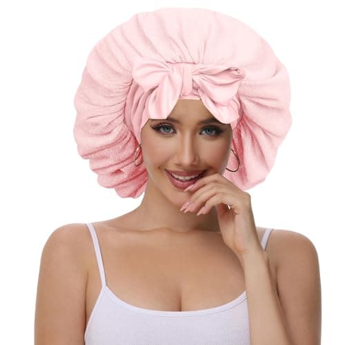 Vettres Satin Hair Bonnet for Sleeping Double Layer Bonnet with Tie Band Glittering Mesh Sleep Cap for Curly Natural Hair Pink - Thumbnail 2