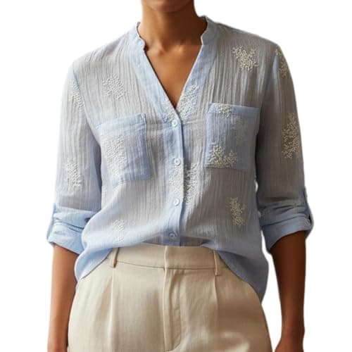 Women's Long Sleeve Sheer Floral Embroidered See Through Button Down Blouse Lightweight Boho V Neck ShirtsLarge YG010 Sky Blue L - Image 1