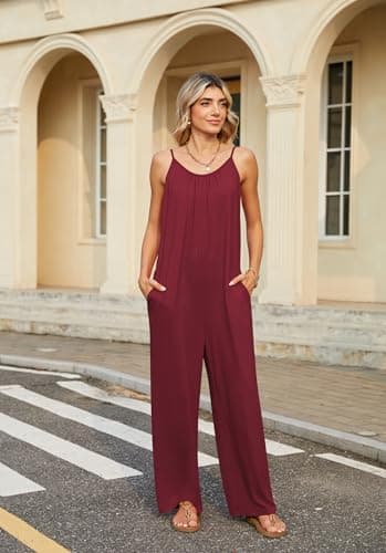 LILBETTER Loose Jumpsuits for Women Casual Summer Sleeveless Rompers Wide Leg Boho One Piece Outfits with Pockets Adjustable Strap(Wine Red Medium) - Thumbnail 4
