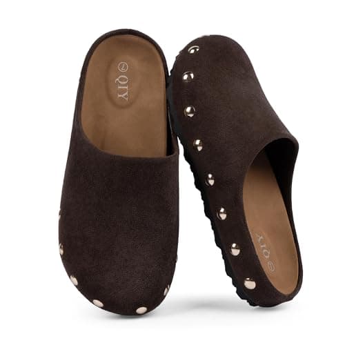 QIY Womens Mule Clogs Slip on Studded Faux Suede Mules Comfortable Footbed Chocolate Potato Shoes for Women Size 6.5 - Thumbnail 6
