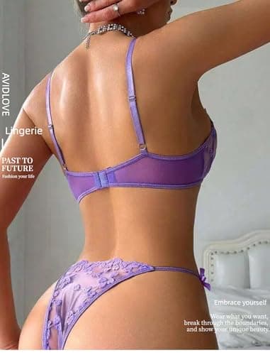 Avidlove Bra and Panty Set for Women Sexy Mesh Sheer Underwire Lingerie Set Lilac XL - Thumbnail 4