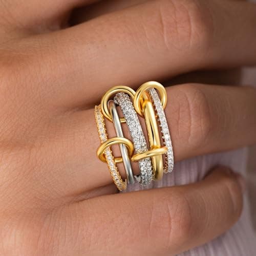 Eaciy Gold Stackable Rings for Women, 18k Gold Plated Cubic Zirconia Rings, Silver Gold Multi Ring Mixed Metals Stackable Ring Set for Women Non Tarnish Size 10 - Thumbnail 2