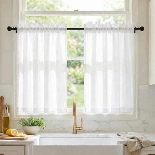 NICETOWN 4 Panels Privacy Sheer Cafe Curtains 26 x 30 Inches, Light Filtering Heavyweight Fabric Room Brightening & Opaque Kitchen Curtains, Non-See-Through Drapes with Rod Pocket Design, Pure White - Image 1