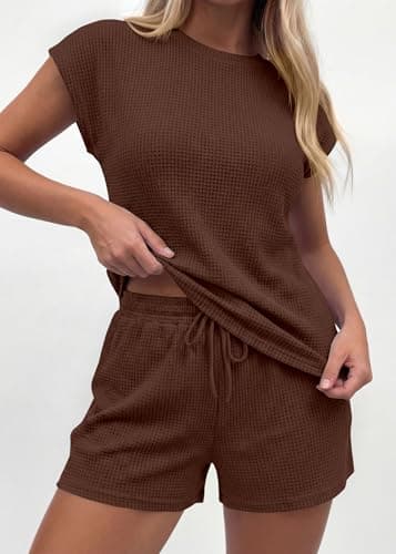 KIRUNDO Two Piece Sets For Women Summer 2026 Cap Sleeve Short Set Waffle Knit Matching Lounge Drawstring Vacation Outfits(Brown, XX-Large) - Thumbnail 4