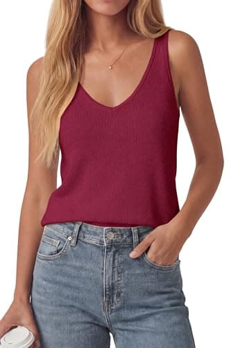 PRETTYGARDEN Women Summer Tank Tops 2026 Basic Sleeveless V Neck Lightweight Knit Beach Vacation Clothes Going Out Top(Burgundy,XX-Large) - Image 1