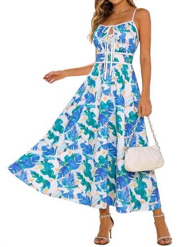 GRACE KARIN 2026 Women's Summer Maxi Floral Dress, Spaghetti Strap Tie Front Boho Sundress with Pockets, Purple Green 2XL - Image 1