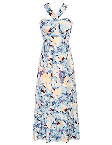 GRACE KARIN 2025 Summer Women's Criss Cross Halterneck Sleeveless Floral Print Flowy A Line Maxi Dress Floral White Blue M - Image 1