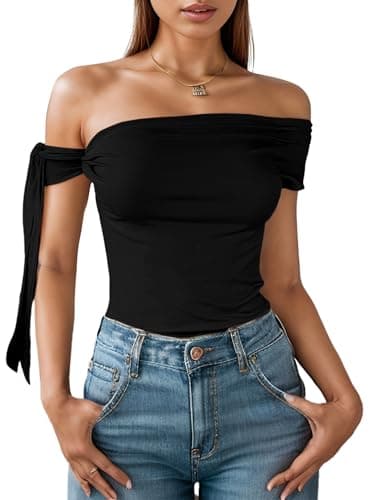 Off The Shoulder Tops for Women - Tie Shoulder Ruched Going Out Slim Fit Solid Y2K Tops Black - Image 1