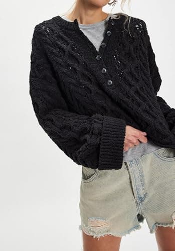 Jenkoon Women's Cable Knit Sweater Oversized Crop Knit Pullover Chunky Crew Neck Long Bell Sleeves Button Front Sweaters(Black,L) - Thumbnail 3