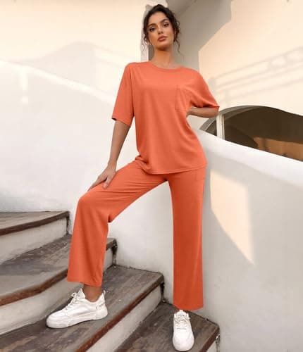 YOAKUKA Women's Two Piece Lounge Sets Loose Fit Short Sleeve Tops and Wide Leg Pants Casual Matching Travel Outfits Tracksuit - Thumbnail 5