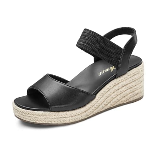 Athlefit Women's Espadrille Platform Wedge Sandals Comfortable Dressy Summer Elastic Strap Open Toe Black Sandals with Arch Support for Summer Casual Work Size 10 - Image 1