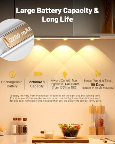 Pak Under Cabinet Lights, Rechargeable Motion Sensor Light Indoor, Wireless and 3-Color Dimmable with Cat’s Eye Hill Effect, for Display Cabinets, Showcases, Wine Racks, 2 Pack, Silver - Thumbnail 5