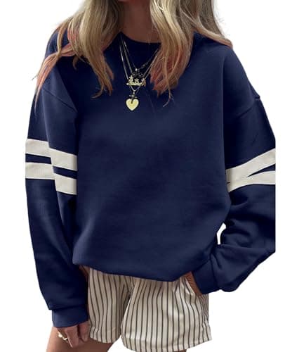 KevaMolly Women Varsity Striped Drop Shoulder Sweatshirt Navy S