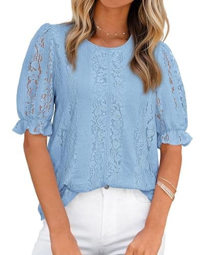 KIRUNDO Lace Tops for Women 2026 Dressy Floral Summer Shirts Puff Short Sleeve Spring Blouse Casual Cruise Vacation Outfits(Light Blue, Large) - Image 1