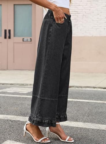 EVALESS Womens Wide Leg Jeans 2026 Trendy Mid-Rise Cropped Baggy Jeans Loose Fit Cute Ruffle Hem Trouser Denim Pants with Pockets Grey Size 16 - Thumbnail 4