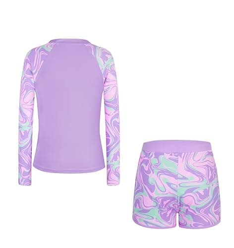 Alakuoti Girls Rash Guard Swimsuit Two Piece Bathing Suit UPF 50+ Sun Protection Long Sleeve Swimwear Size 7 Purple Wave - Thumbnail 4
