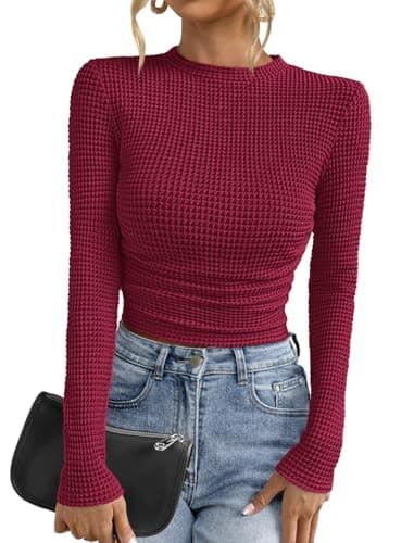 PRETTYGARDEN Womens Tops 2026 Spring Long Sleeve Fitted T Shirts Waffle Ruched Crop Shirt Basic Knit Workout Y2k Clothes(Burgundy,Medium) - Image 1