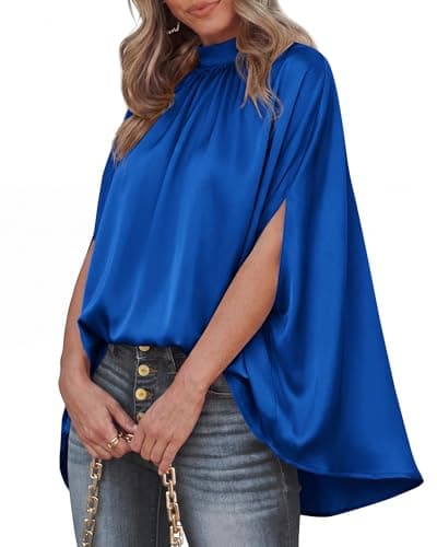 BTFBM Womens Summer Tops 2026 Mock Neck Batwing Sleeve Silk Satin Shirts Loose Oversized Dressy Casual Spring Blouses(Royal Blue, Large) - Image 1