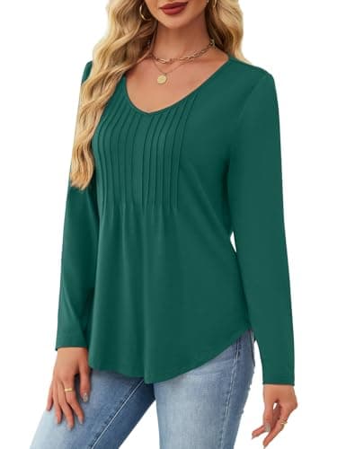 JUSTFASHIONNOW Shirts for Women Trendy Long Sleeve Tops V Neck Dressy Blouses Pleated Maternity Shirt Tunics Early Fall Fashion Christmas (Dark Green, Large) - Thumbnail 2