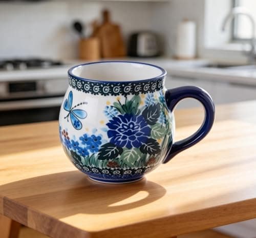 12 oz Ceramic Cup Hand-Painted Handmade Unique Porcelain Floral Mug for Tea Coffee Milk Microwave Dishwasher Safe, Polish Pottery Flower Mug 1 pc, Premium Elegant Gift - Thumbnail 4