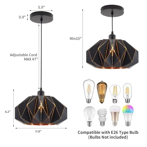 Omgomne Industrial Black Pendant Lights Kitchen Island,11.8" Metal Dome Hanging Lighting Fixture Modern Wire Cutting Hollow Out Chandelier for Dining Living Room Bar Counter Restaurant,E26 - Thumbnail 5