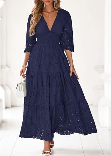 Lazysmile Long Sleeve Dresses for Women V Neck Hollow Out Eyelet Ruffle Swing A-Line Fall Vacation Boho Maxi Dress Navy - Thumbnail 4
