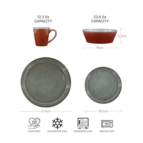 Mimola Stoneware Dinnerware Sets Service for 4, 16 pcs Reactive Glaze Plates and Bowls Sets, Handmade Ceramic Dish Set, Highly Chip and Crack Resistant Modern Plate Set (china red) - Thumbnail 2