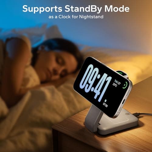Eazpower 3 in 1 Foldable Wireless Charging Station for MagSafe, Nightstand Magnetic Charger Stand for iPhone 17 16 15 14 Pro Max, Travel Charging Dock with Night Light for Apple Watch/AirPods (Gray) - Thumbnail 6
