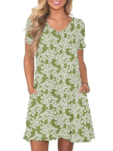 Moodclo Summer Dresses for Women Green Roses XX-Large V Neck Short Sleeve Casual Loose T Shirt Sundress Knee Length Beach Cover Ups with Pockets - Image 1