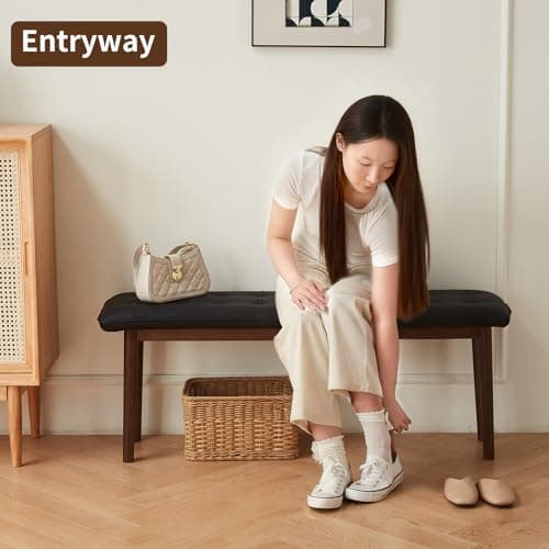 Jimenuco 40'' Solid Wood Dining Bench with Cushion, Faux Leather Upholstered Bench for Dining Room Table, Kitchen, Entryway, or Bedroom End of Bed, Black - Thumbnail 2