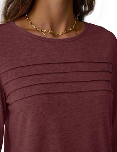NORACORA Womens Long Sleeve Tops Spring Round Neck Dressy Shirts Tunic Pleated Tees Business Casual T-Shirts Fall Goning Out Outfits Wine Red L - Thumbnail 6