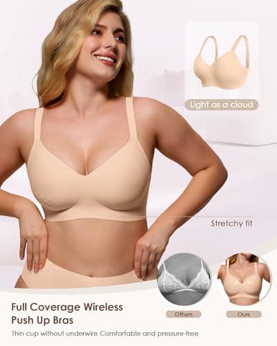 As Fairy Womens Soft Comfortable No Underwire Bras V Neck Seamless Push Up Bralettes Full Coverage Brassiere(Light Skin 32D) - Thumbnail 4