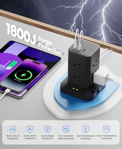 Power Strip Tower with Surge Protector 1800J, Fast Charging Tower PD20W USB-C Ports with 8 AC Outlets, 6ft Extension Cord for Home Office Dorm Room, Black - Thumbnail 6