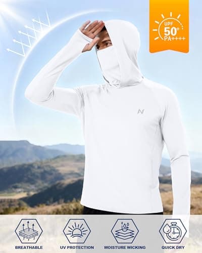 isnowood Men's UPF 50+ Fishing Sun Hoodie, UV Protection Long Sleeve Hooded Shirt with Mask for Hiking outdoor White - Thumbnail 3