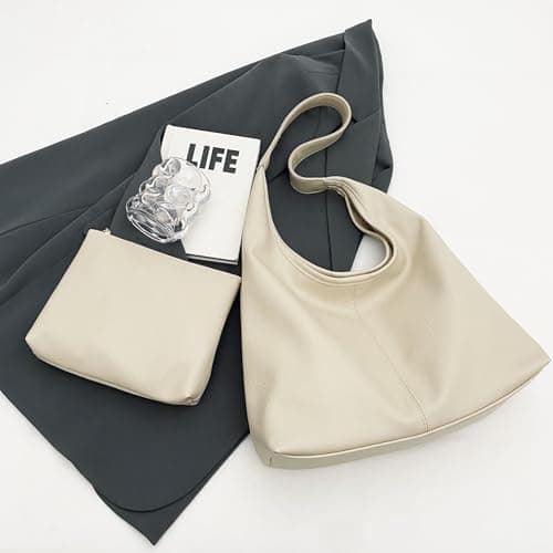 JueiXeoy Leather Hobo Bags for Women Slouchy Tote Bag Retro PU Leather Purse Soft Shoulder Handbags Large Work Tote Bag 2pcs Beige - Thumbnail 6