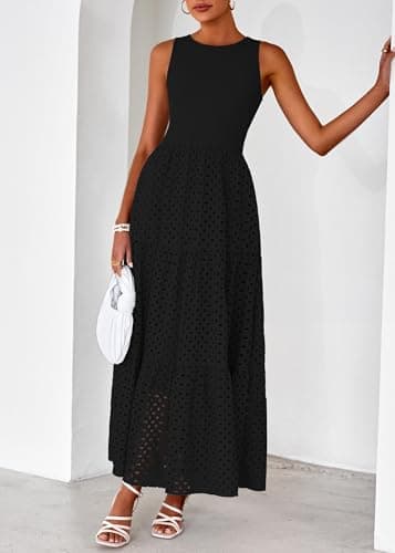 Lazysmile Womens Summer Dresses Crewneck Sleeveless A-Line Hollow Out Eyelet Tiered Tank Maxi Dress Sundress with Pockets Black - Thumbnail 6