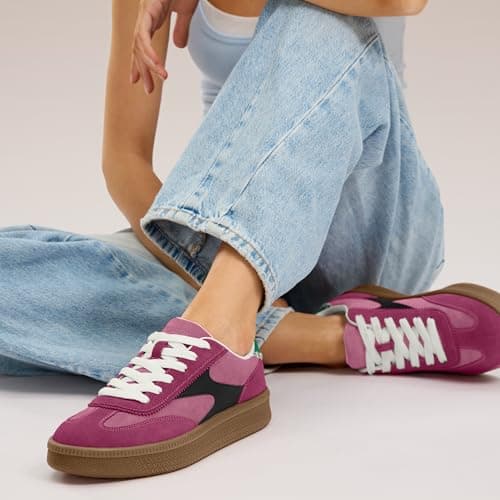 Vilanva Women's Fashion Sneakers Casual Tennis Shoes with Genuine Suede Classic Retro Gum Sole Walking Trendy Footwear Pink Multi - Thumbnail 2