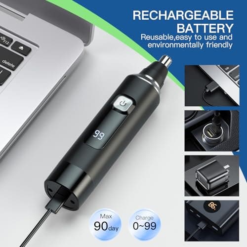 Ginity Nose Hair Trimmer for Men, 2-in-1 Rechargeable Ear and Nose Hair Trimmer with LED Display, IPX7 Waterproof Painless Precision Groomer, Type-C Charging, Professional Dual-Edge Blades（Black） - Thumbnail 5