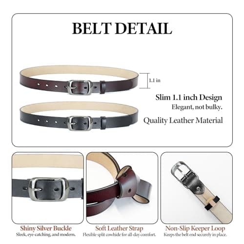 West Leathers [2 Pack Leather Belt Women-Womens Leather Belt with Pin Buckle-Belts for Women for Jeans, Pants, Dresses (Medium: 30"-33") - Thumbnail 3