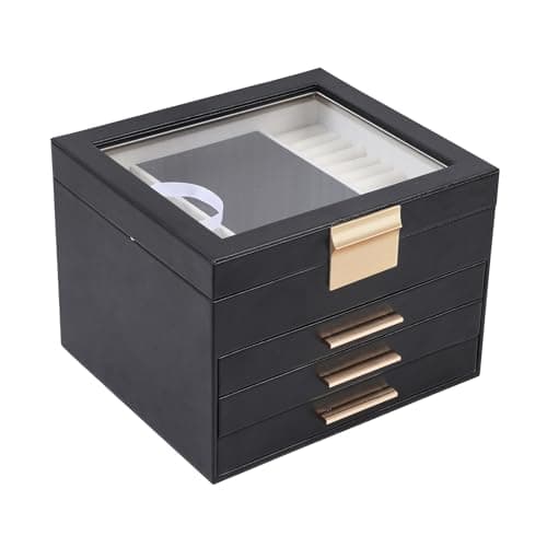 BOOVO Clear Lid Jewelry Box,4 Layers Jewelry Organizer Large Jewelry Storage Box with 3 Drawers,Jewelry Holder Organzier of Rings Earrings Necklace Bracelets for Women (Black, 4 Layer) - Image 1