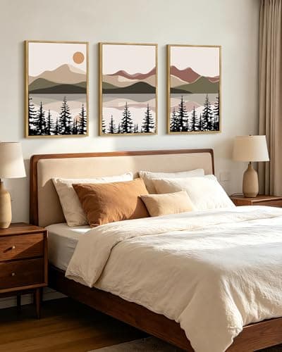 KUVIOKE Watercolor Mountain Landscape Framed Wall Art Laker Tree Boho Nature Artwork Painting Bohemain Farmhouse Rustic Home Decor 16x24in (Natural Framed) - Thumbnail 3
