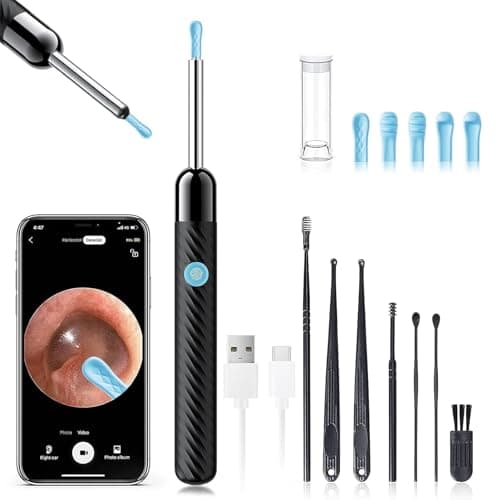 LEIPUT Ear Wax Removal - Earwax Remover Tool with 8 Pcs Ear Set - Ear Canal Cleaner with 1080P Camera - FSA HSA Eligible - Ear Cleaning Kit with 6 Ear Spoon - Ear Camera for iOS & Android (Black)