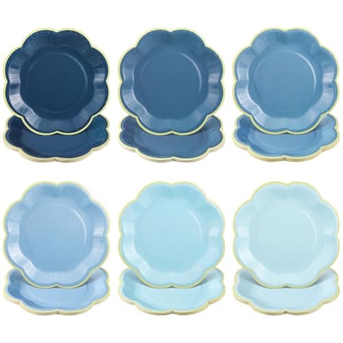 NatNarr 60 Pcs Blue Party Plates, 7 In Dusty Blue Dessert Plates with Gold Edge Scalloped Paper Plate Cake plate for Wedding Birthday Boy Baby Shower Bridal & Tea Party Supplies - Image 1