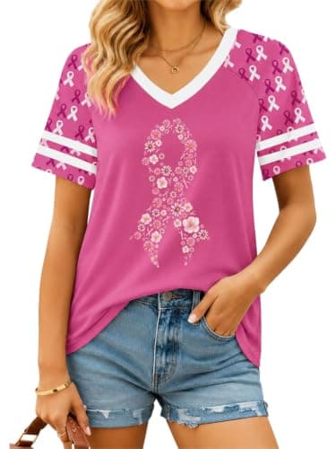 QIXYN Breast Cancer Shirts for Women Pink Ribbon Cancer Survivor Shirt