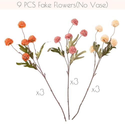 trytuny Fake Fall Flowers for Vase, Faux Silk Kiku Mums, Artificial Pom pom Floral Bouquets Indoor Centerpiece Office Coffee Table Boho Home Decorations (9, Mixed Orange) - Thumbnail 5