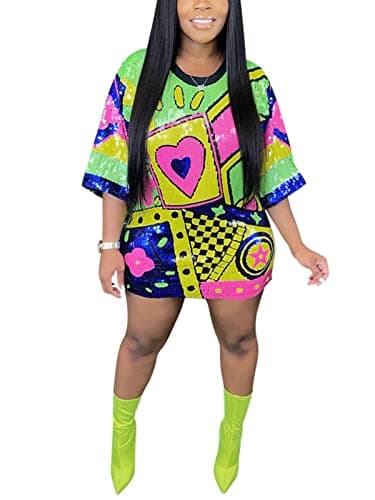 Fawjsais Tee-Shirt Dresses for Women Sexy Sequin Short Sleeve Party Dresses Letter Print Tops Dress Oversize Nightclub?Dress Yellow M - Image 1